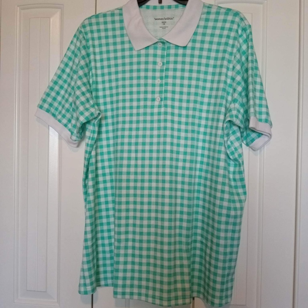 NWOT Woman Within Green/White Checkered Tunic Polo, Size 1X, Short Sleeve